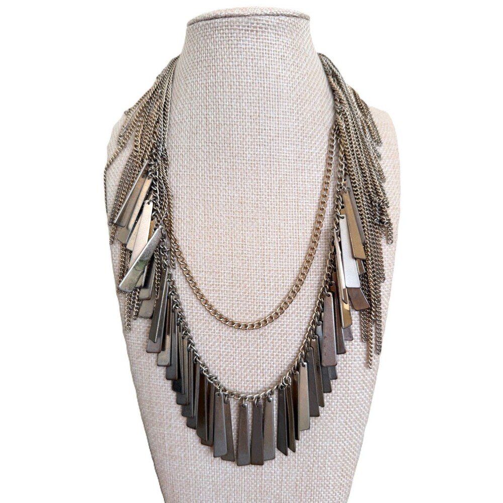 Chunky Multi Strand Chain Statement Necklace Gunmetal Silver Metal Stick Fringe